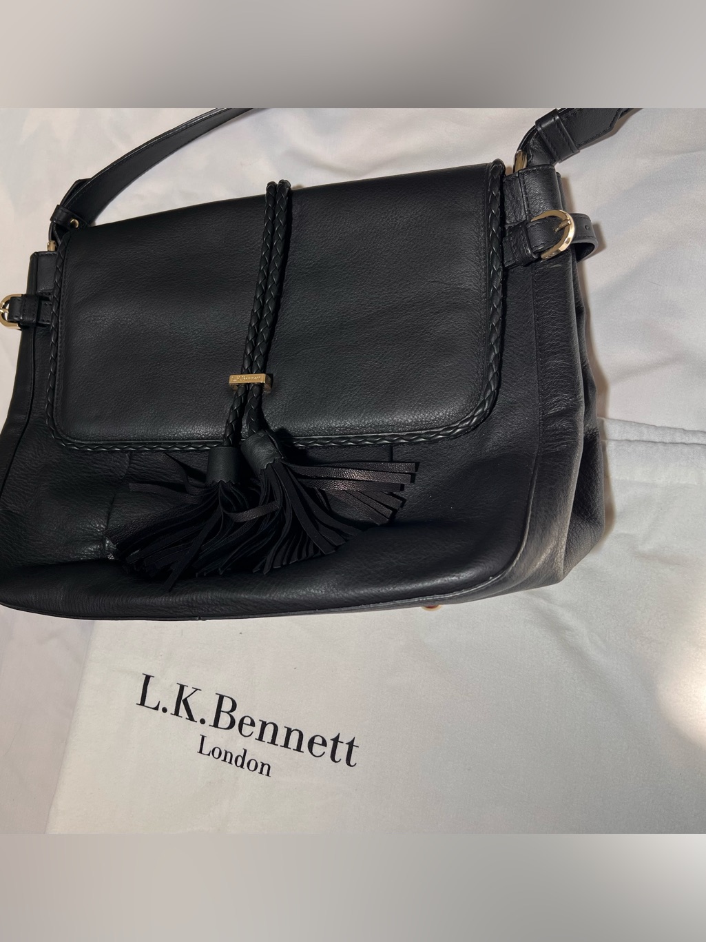 Lk Bennett Black Leather Shoulder Bag With Braided Tassel With Storage Bag